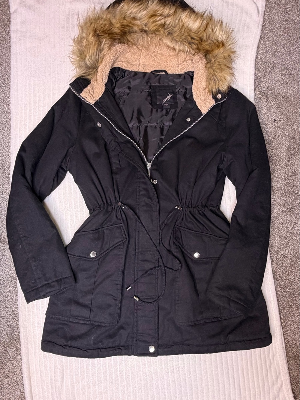 Collection B Black Winter Parka Jacket Fur Hood Size L